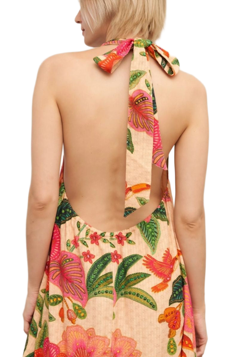 Knit and Lounge Tropical Halter Floral Bird Print Ruffle Hem Sleeveless Maxi Dress, Alternate, color, 