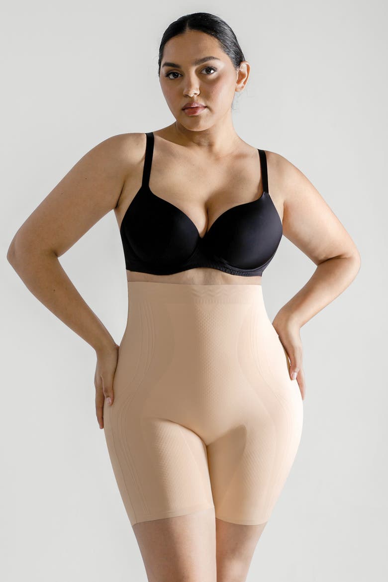Tummy Control Flawless Smoothing Mid-Thigh Shorts, Alternate, color, Khaki Beige
