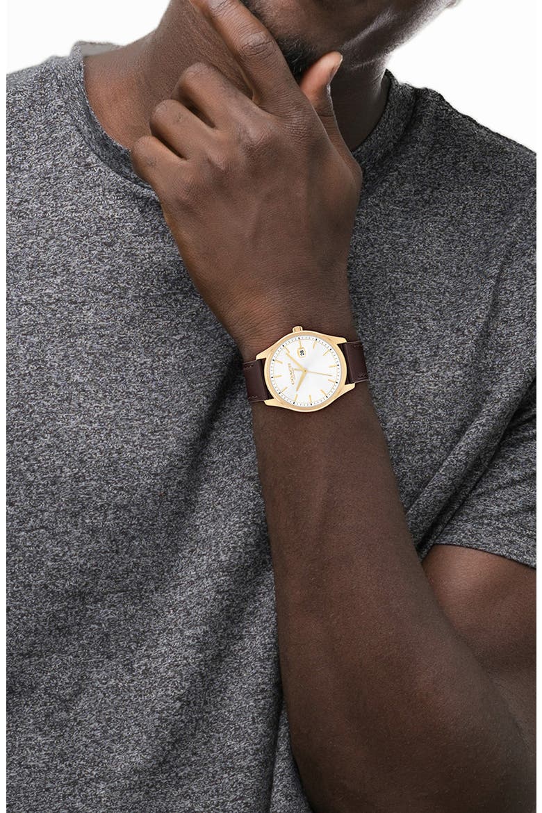 Oliver Leather Strap Watch, 41mm, Alternate, color, WHITE