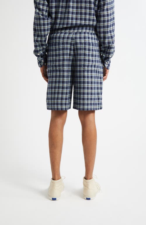 The Elder Statesman Dune Plaid Fringe Cotton Drawstring Beach Shorts In Blue