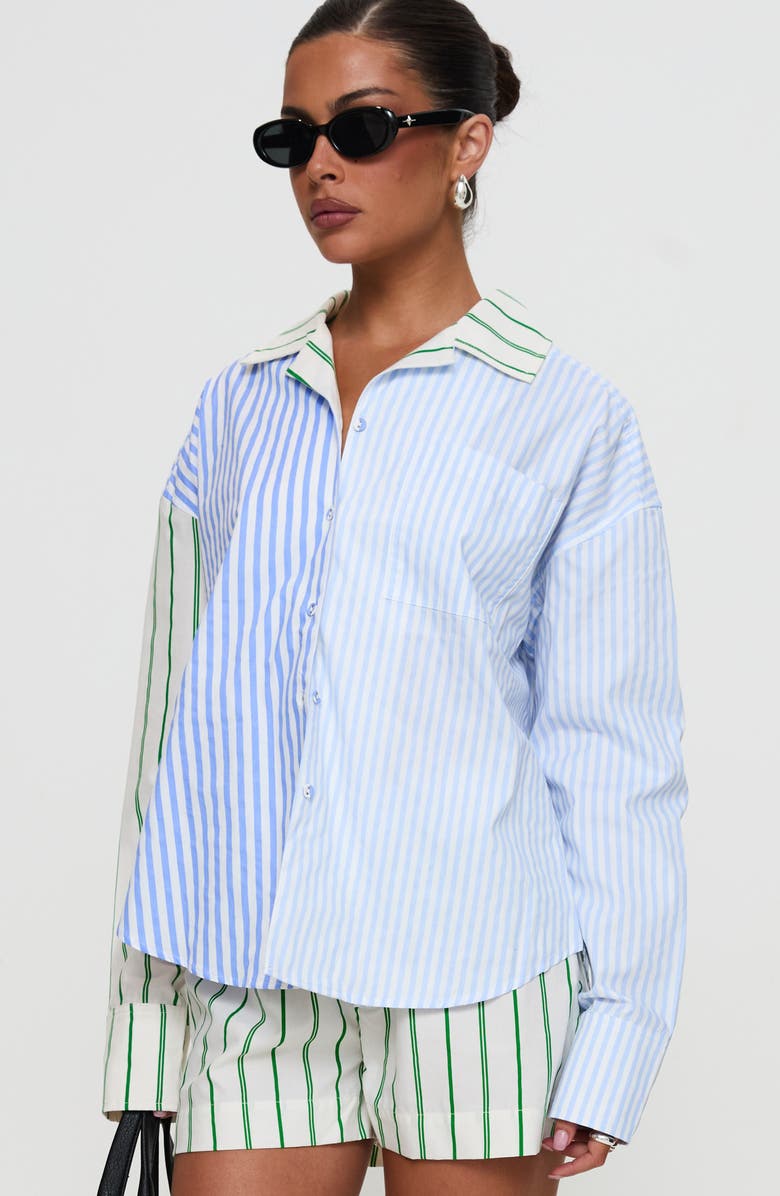 Princess Polly Get The Picture Mixed Stripe Recycled Cotton Button-Up Shirt, Alternate, color, Blue