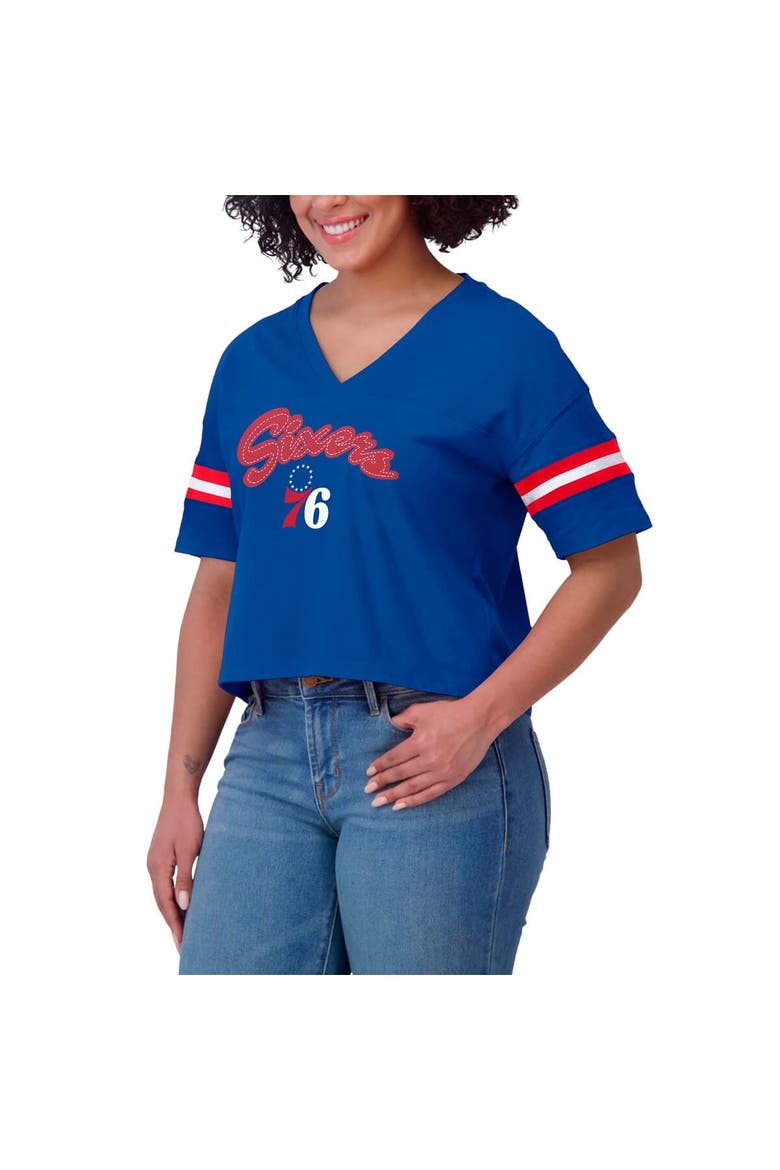 Women's WEAR by Erin Andrews Royal Philadelphia 76ers Plus Size Color Block Boxy V-Neck T-Shirt, Alternate, color, Royal