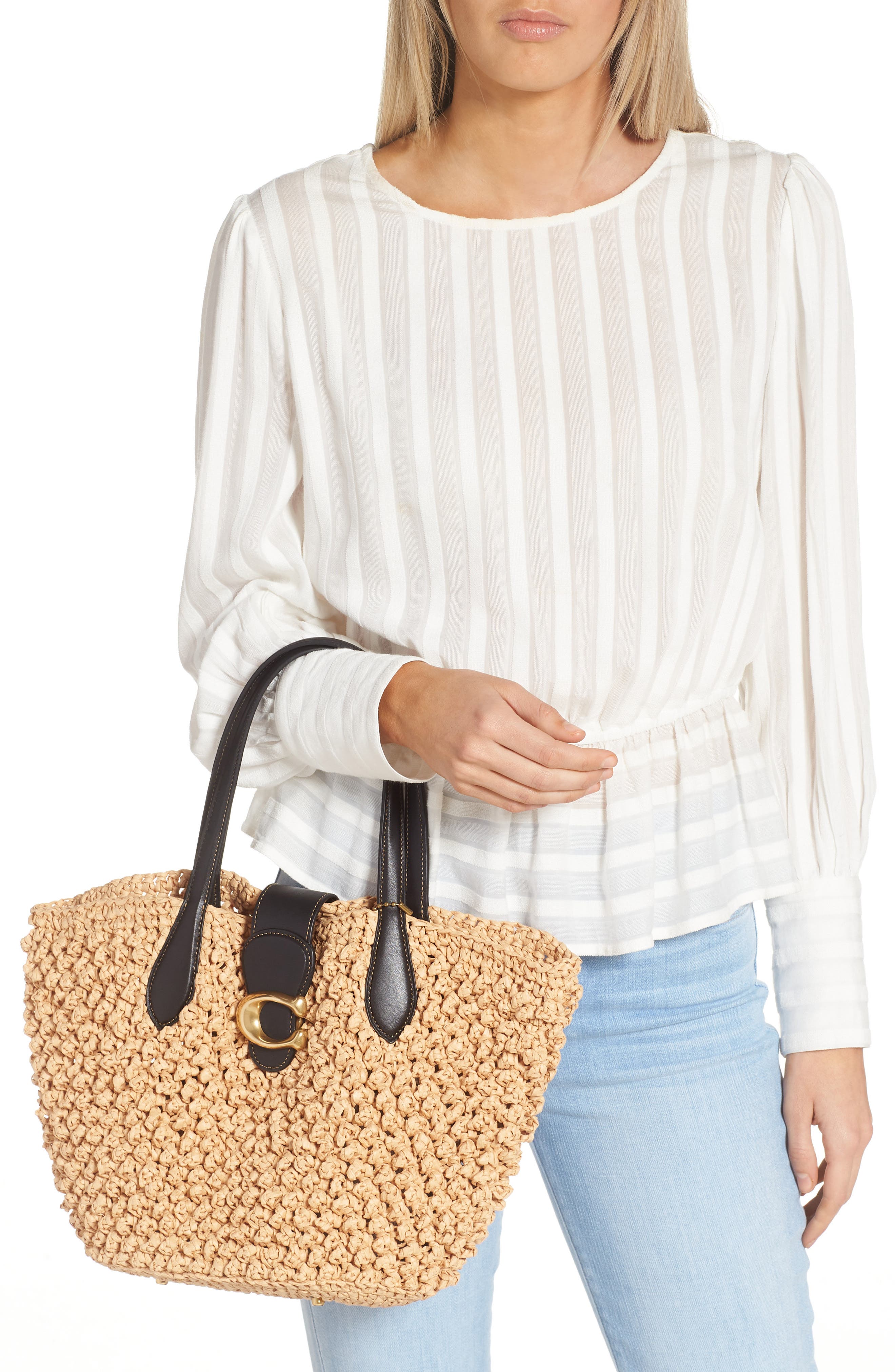 Small Paper Straw Tote, Alternate, color, B4/ NATURAL/BLACK