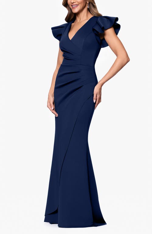 Xscape Evenings Ruffle Ruched Scuba Gown In Midnight