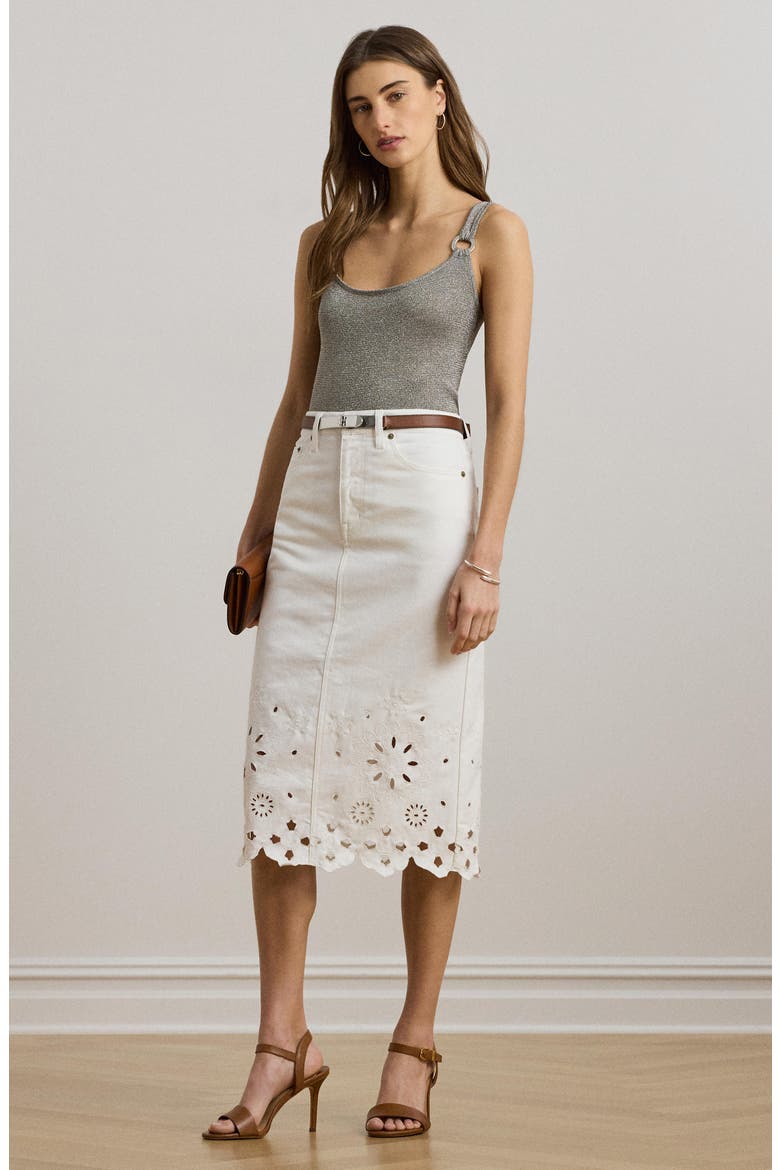 Eyelet Denim Midi Skirt, Alternate, color, WHITE WSH