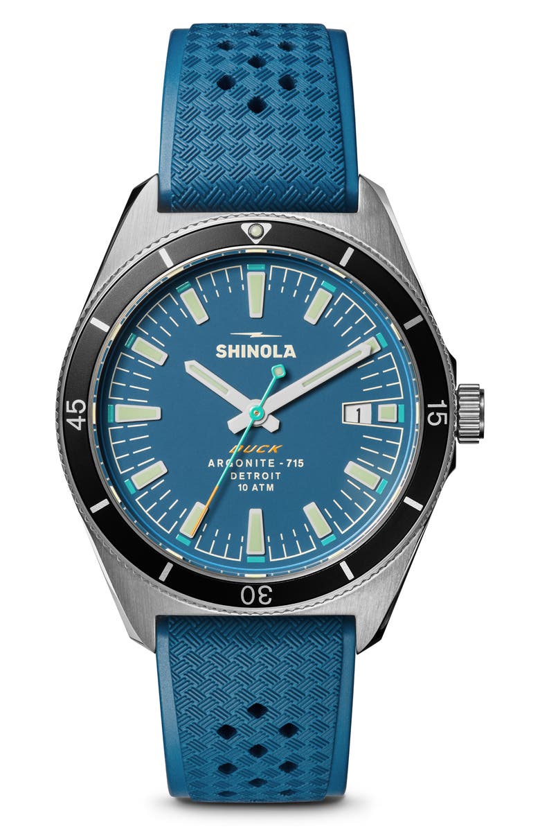 Shinola Duck Rubber Strap Watch, 40mm, Main, color, Blue