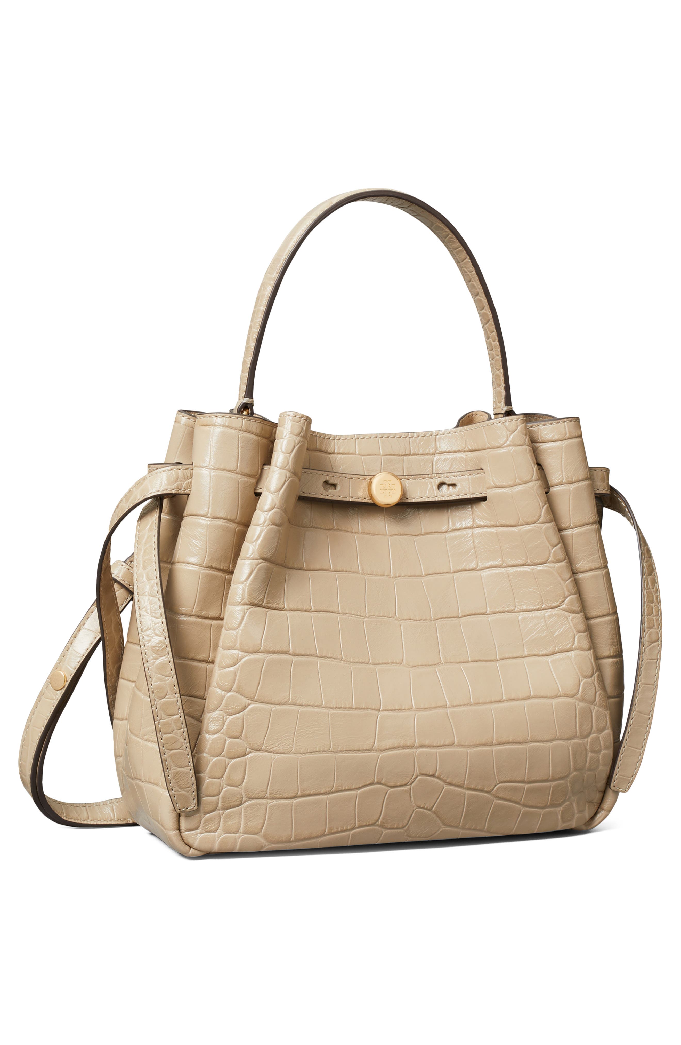 Tory Burch Romy Croc Embossed Leather Bucket Bag, Alternate, color, Ginger Leaf
