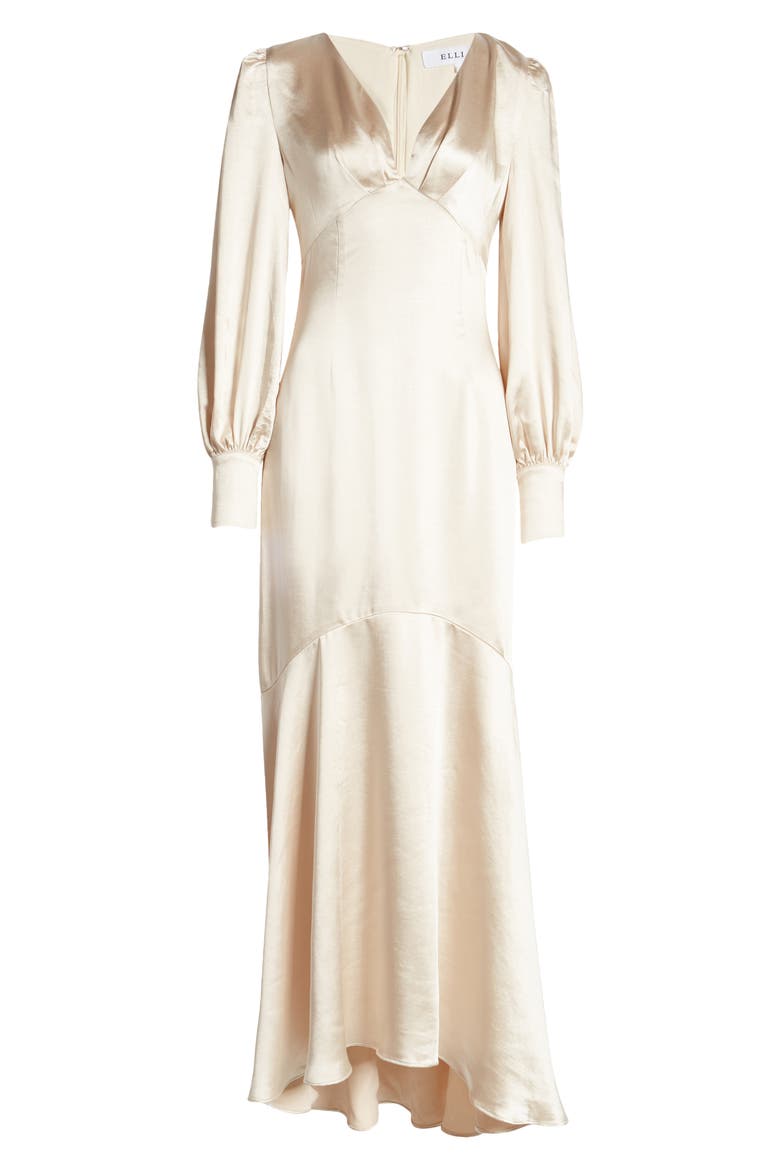 Aleah Long Sleeve Satin Gown, Alternate, color, PEARL
