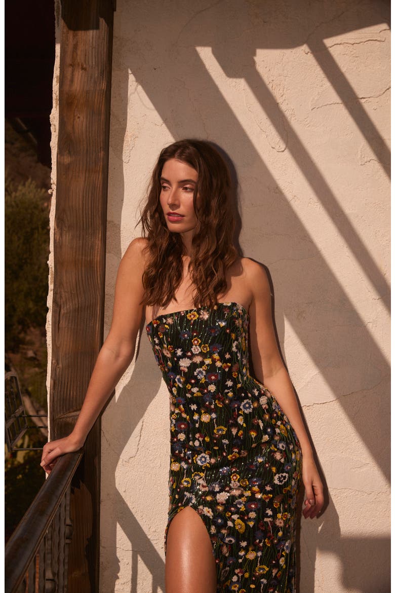 Ophelia Sequin Floral Strapless Gown, Alternate, color, BLACK/ YELLOW FLORAL