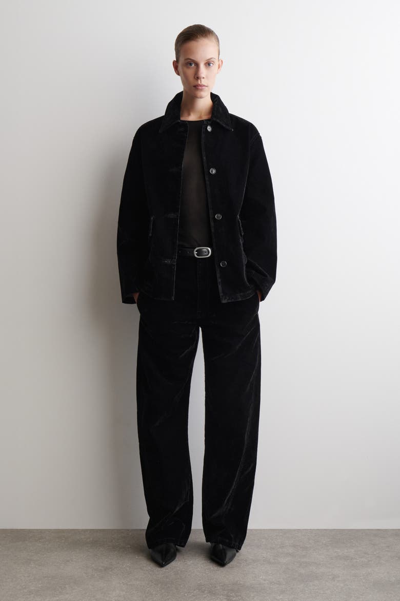 Flocked-Denim Barrel-Leg Pants, Main, color, BLACK