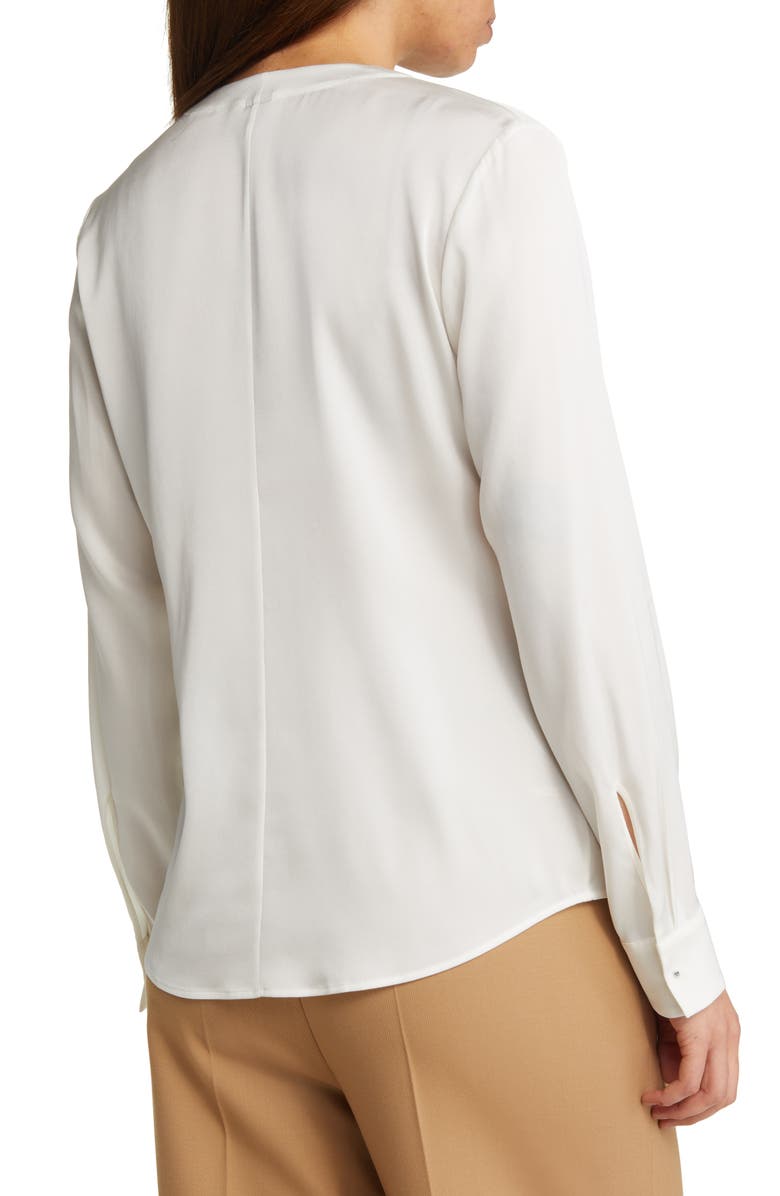 BOSS Banorah Pleat Neck Stretch Silk Blouse, Alternate, color, Open Wht