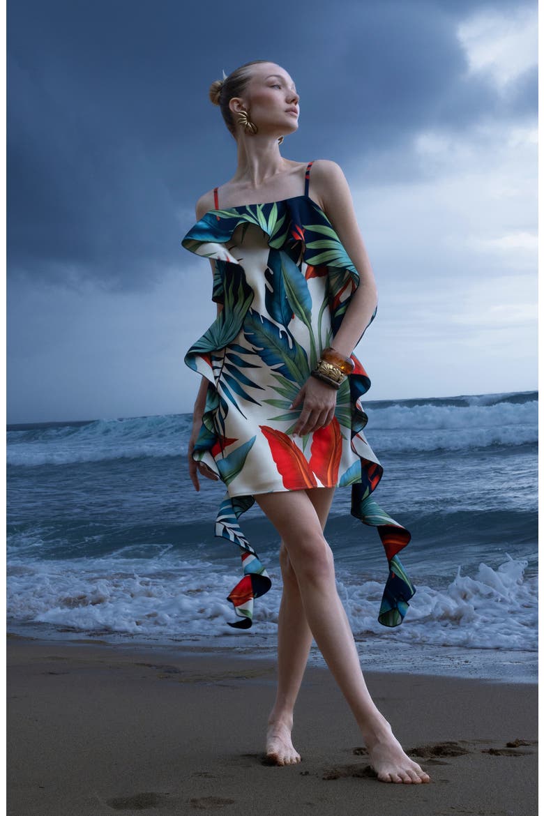 Asymmetric Ruffle Print Minidress, Alternate, color, BIRDS OF PARADISE