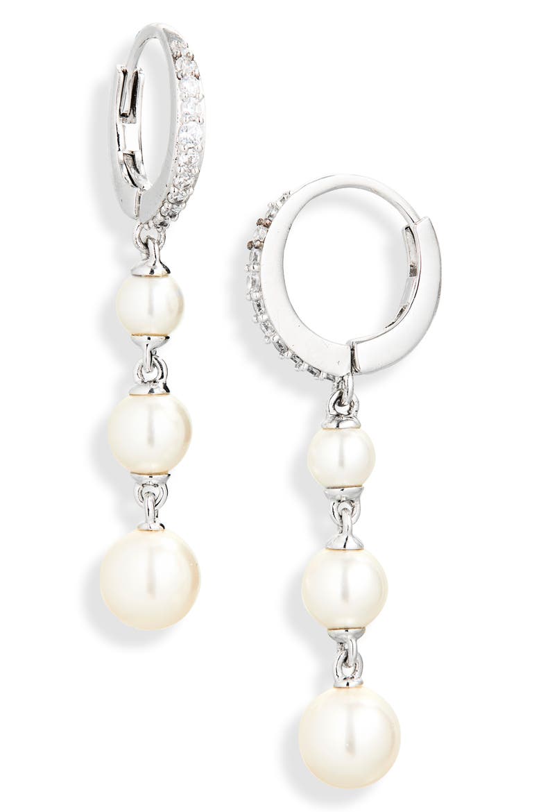 Shine Faux Pearl Linear Drop Earrings, Main, color, RHODIUM