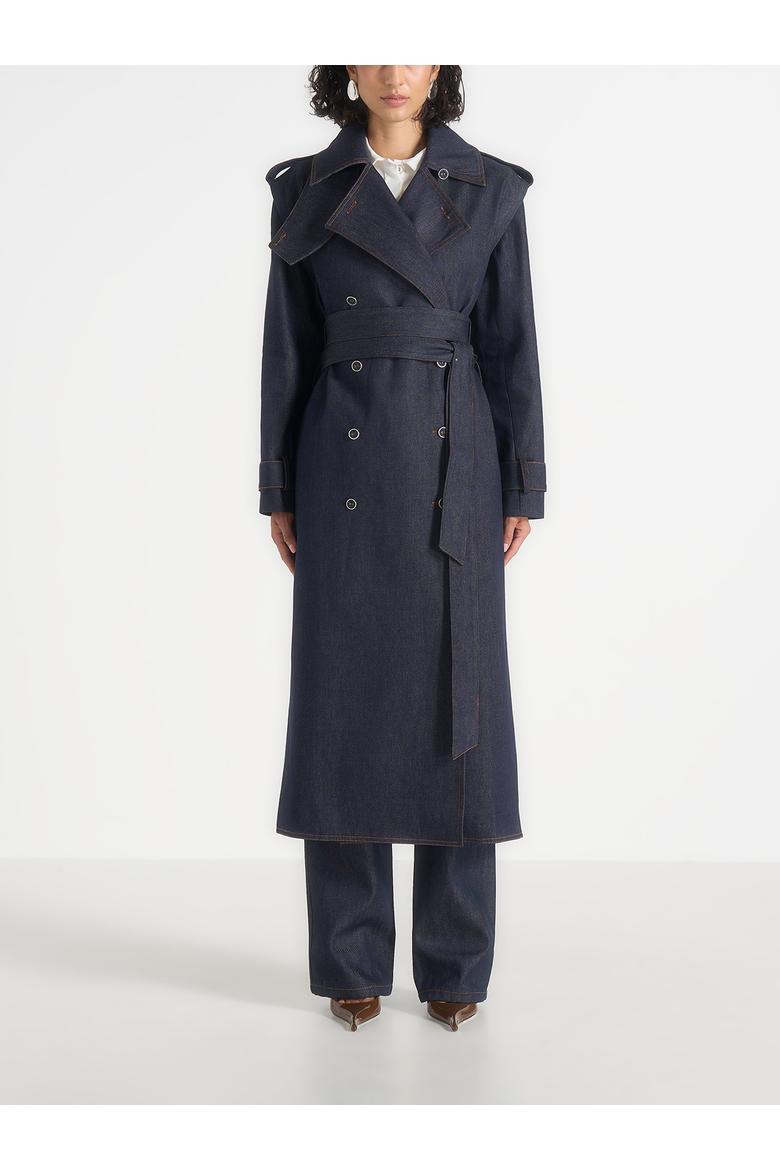 Esther Denim Trench Coat With Double Belt, Alternate, color, Indigo