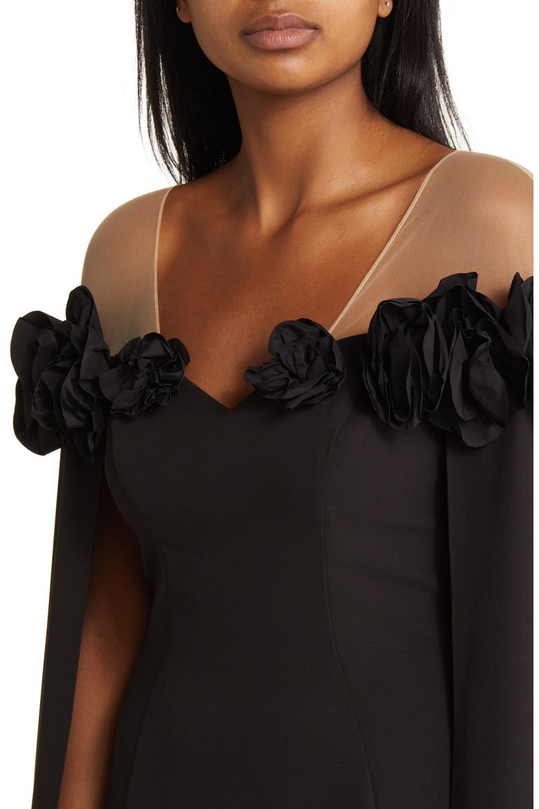 Flower Detail Illusion Shoulder Cape Gown, Alternate, color, BLACK