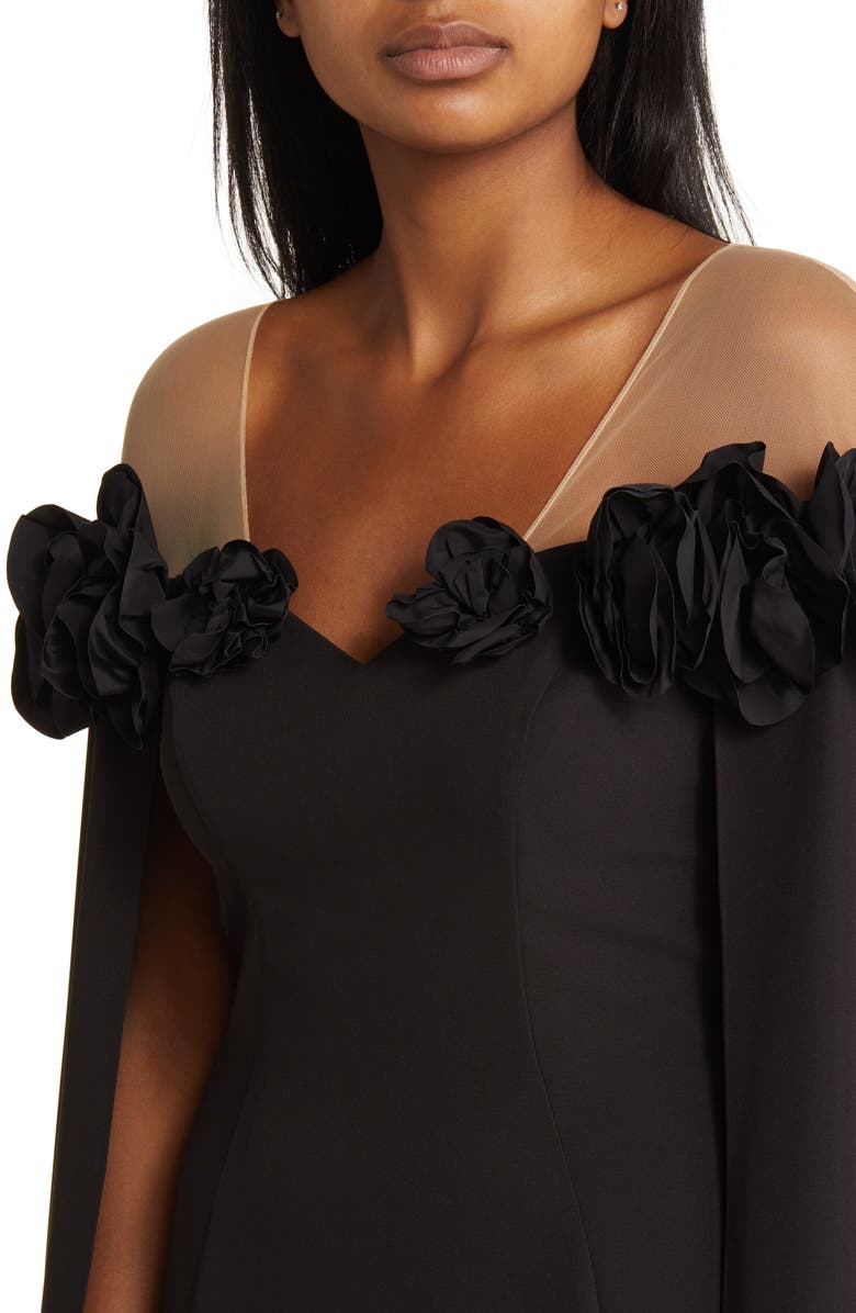 Marchesa Notte Flower Detail Illusion Shoulder Cape Gown, Alternate, color, 