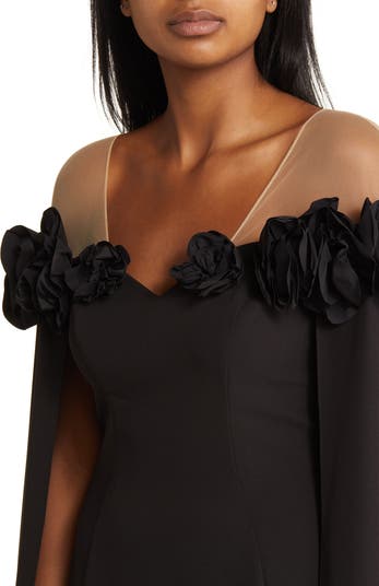 Marchesa Notte Black Silk Sleeveless Dress w/ hotsell Sheer Cape