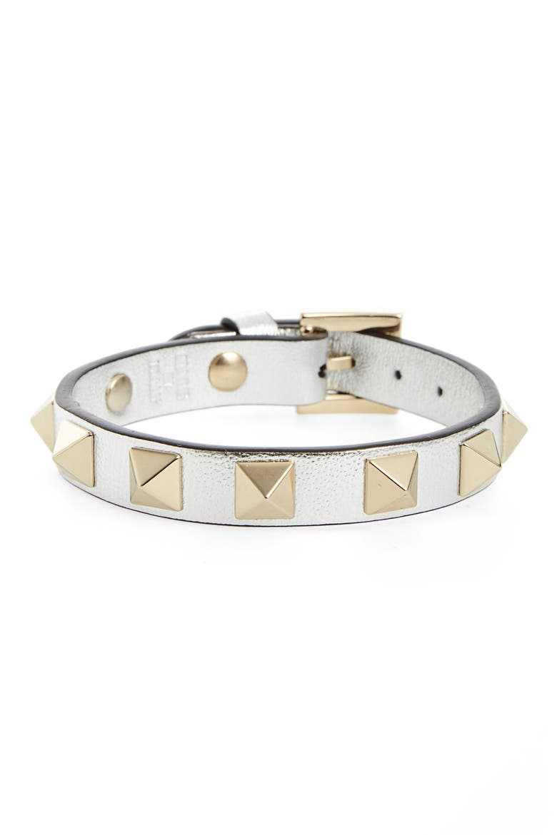 Valentino Rockstud Leather Bracelet, Main, color, SILVER