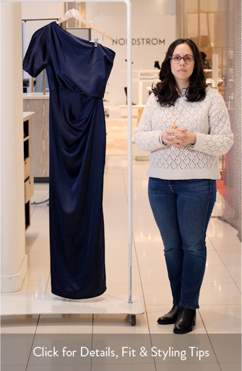 Ruched One-Shoulder Satin Gown, sales video thumbnail