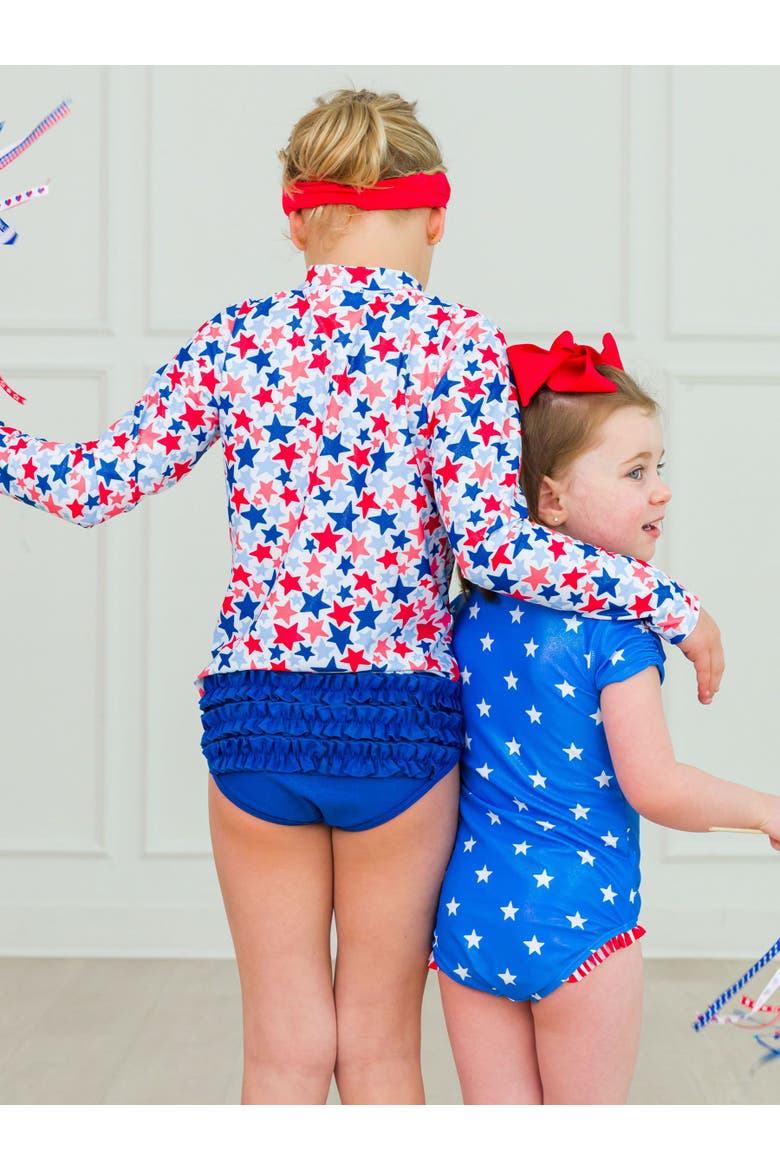 Girls Short Sleeve UPF50+ One Piece Rash Guard, Alternate, color, Shimmer Stars & Stripes