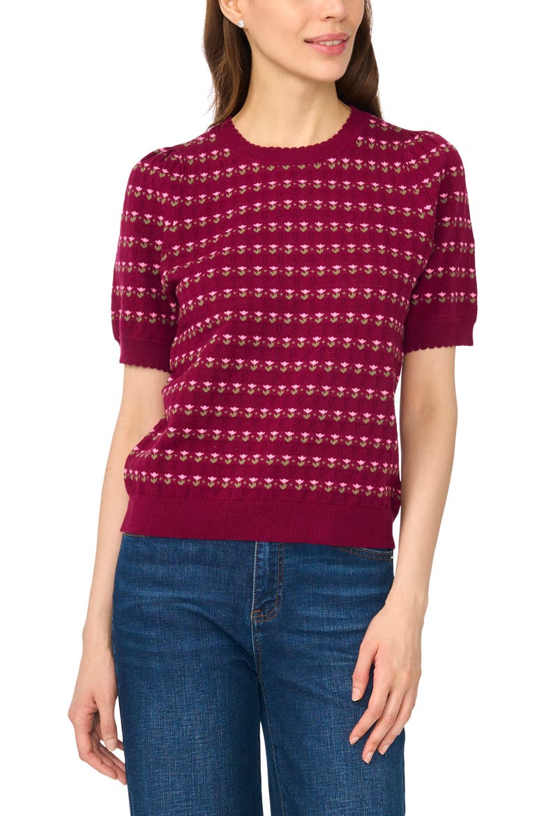 Flower Pointelle Short Sleeve Sweater, Main, color, DEEP MULBERRY