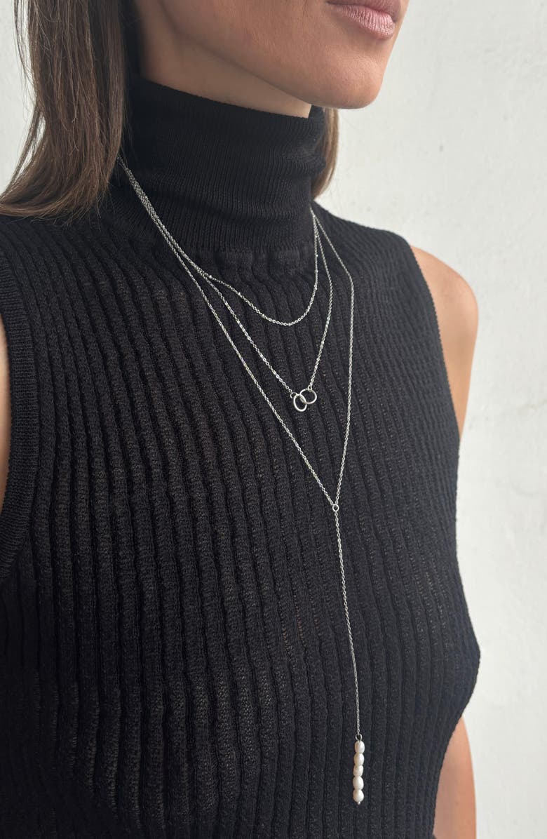 Adornia White Rhodium Plated Triple Strand Interlocking Ring & 19mm Freshwater Pearl Necklace, Alternate, color, White