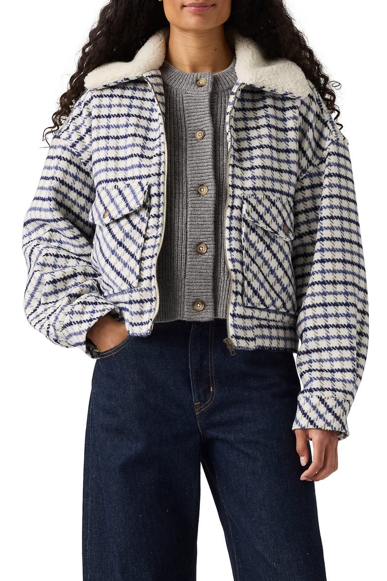 '90s Shrunken Trucker Jacket with Faux Shearling Collar, Main, color, DOWSETT PLAID BIRCH