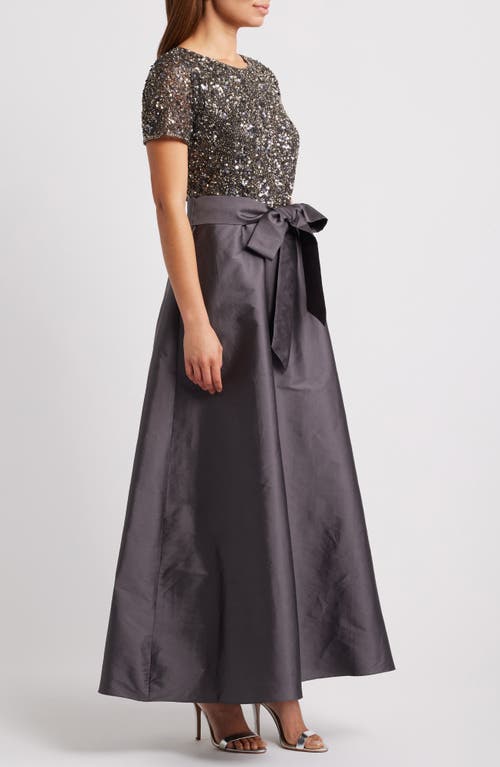 Pisarro Nights Beaded Bodice Mixed Media Gown In Grey