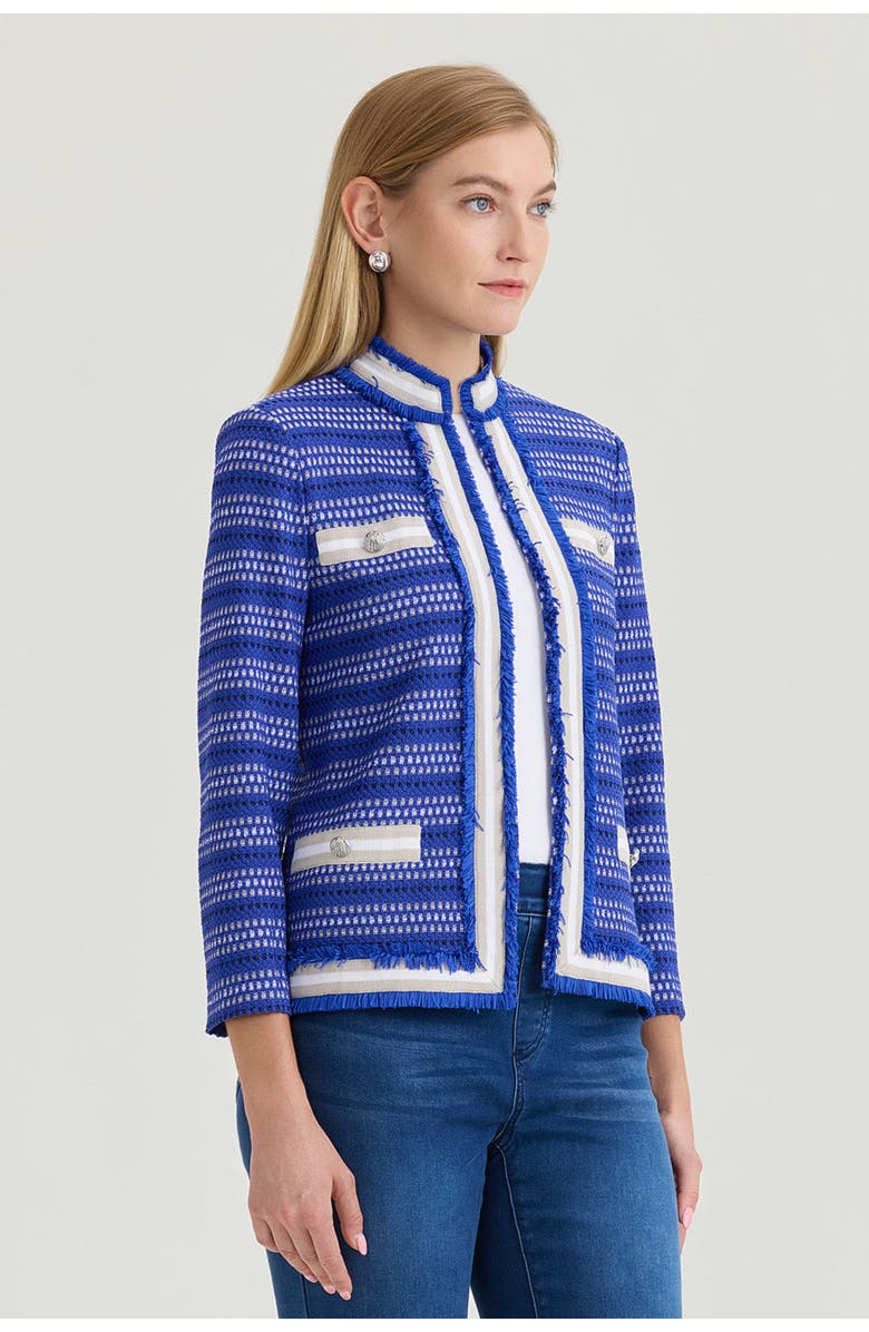 Ming Wang Heritage Ribbon Fringe Trim Knit Jacket, Alternate, color, Sapphire Sea/Limestone