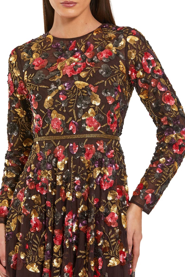 Long Sleeve Floral Embellished Evening Gown, Alternate, color, Espresso Multi