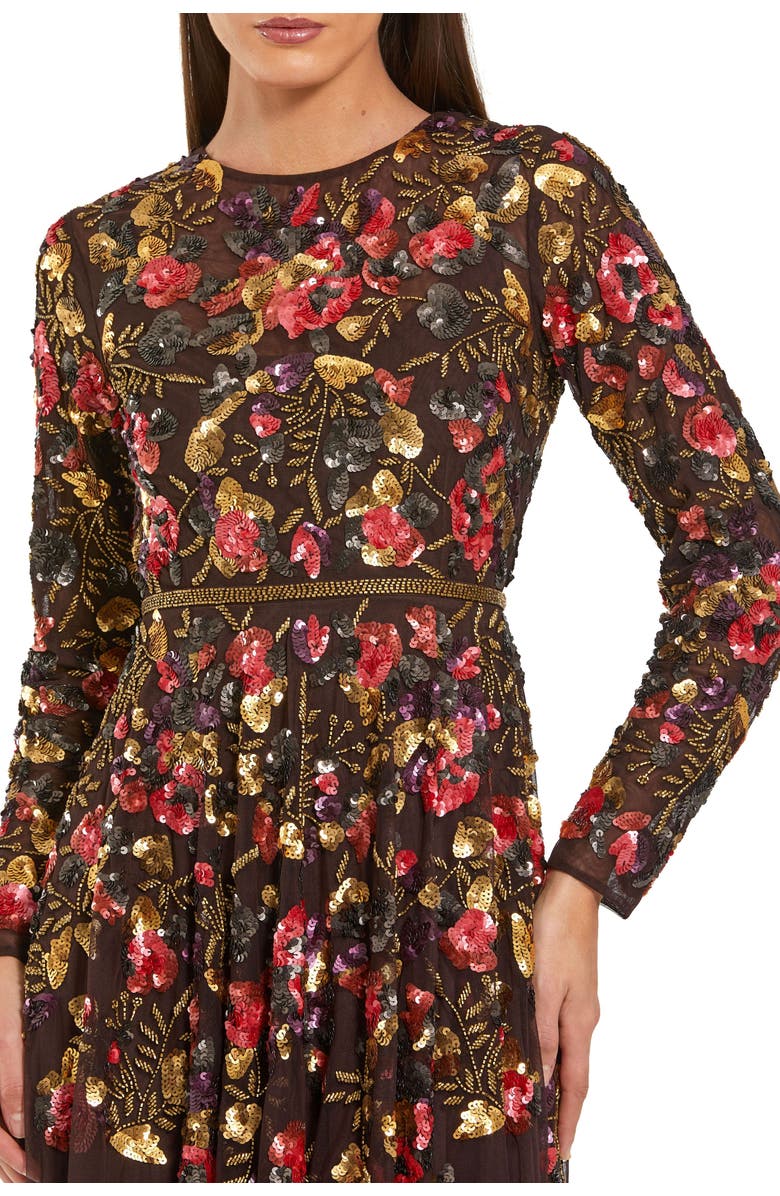 Mac Duggal Long Sleeve Floral Embellished Evening Gown, Alternate, color, Espresso Multi