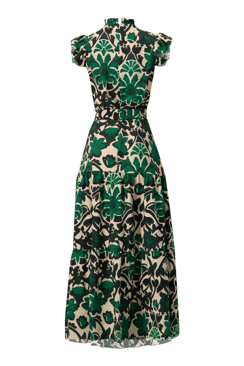 Printed Ruffle-Sleeve Maxi Dress with Tie Waist, Alternate, color, Green