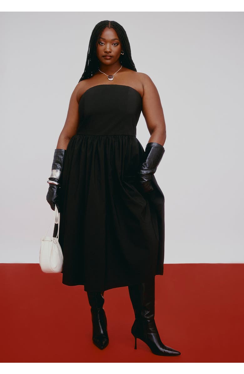 ELOQUII Strapless Flare Midi Dress, Main, color, Black Onyx