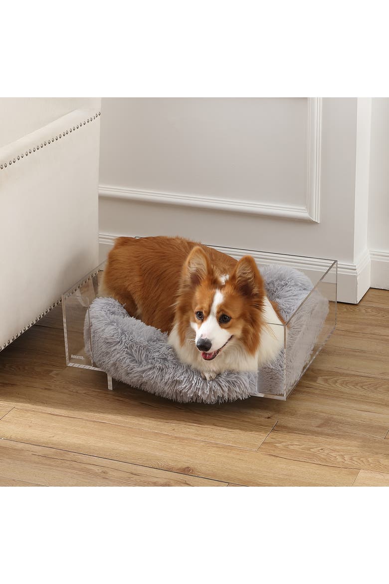 Carole 24" x 18" Small/Medium Modern Lucite Calming Fluffy Pet Bed with Washable Cushion, Alternate, color, Light Gray/Clear