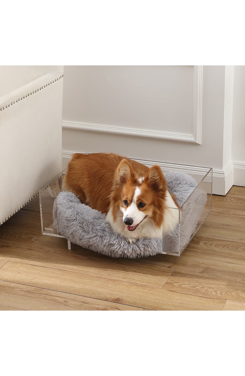 The Licker Store Carole 24" x 18" Small/Medium Modern Lucite Calming Fluffy Pet Bed with Washable Cushion, Alternate, color, Light Gray/Clear