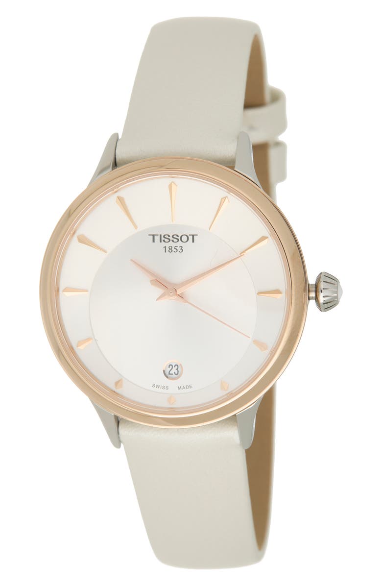 Tissot Odaci-T Leather Strap Watch, 33mm, Main, color, Silver