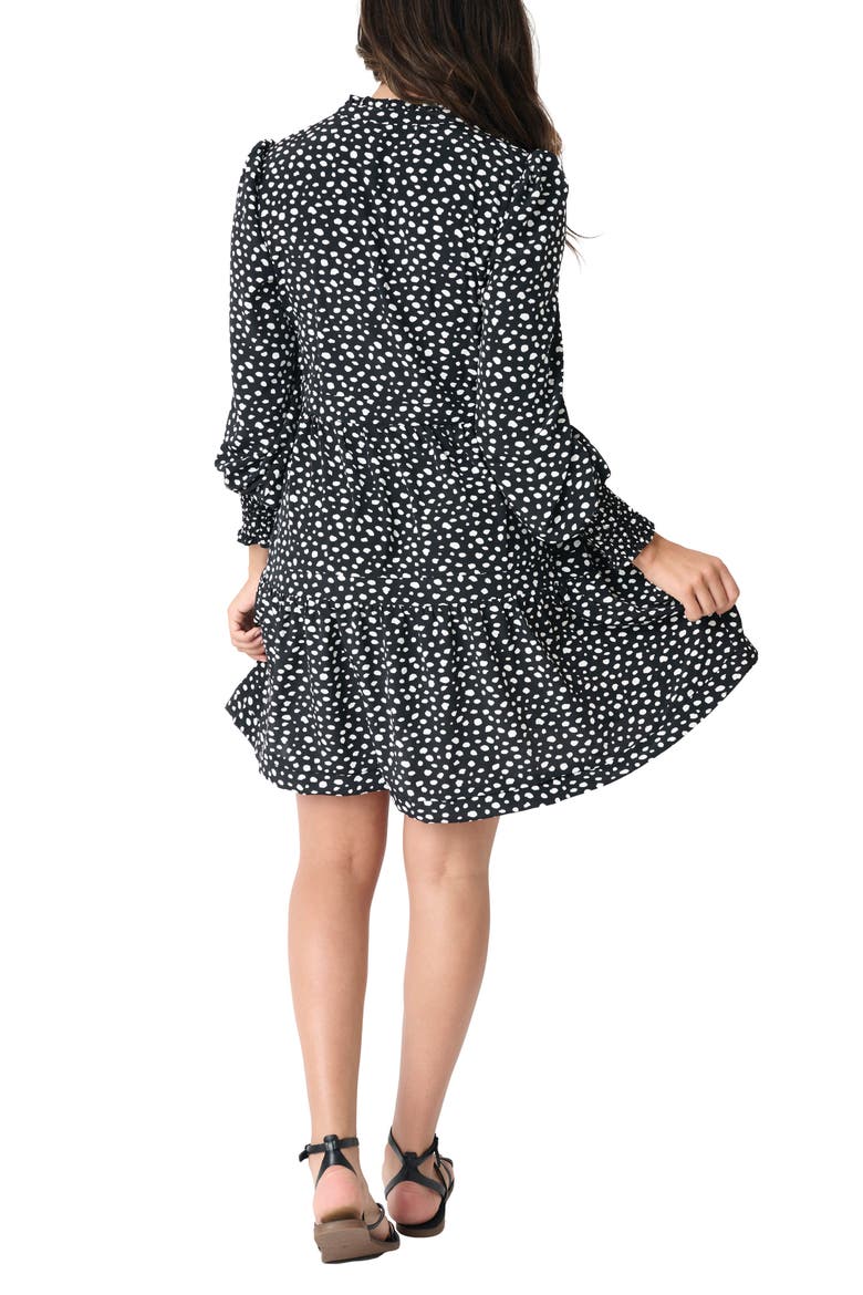Printed Tiered Long Sleeve Dress, Alternate, color, BLACK OFF WHITE DOT