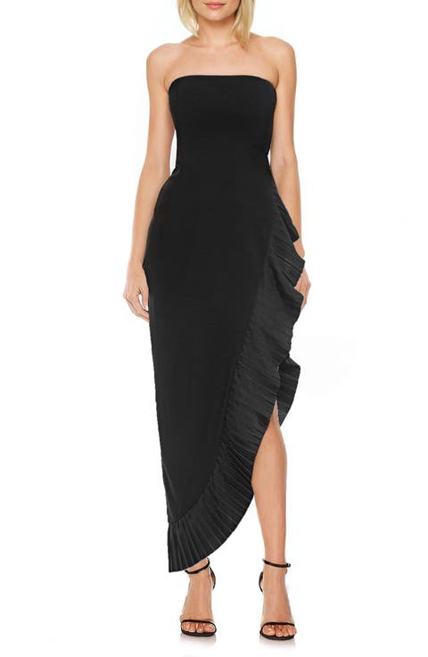 Pleat Detail Strapless High-Low Sheath Gown