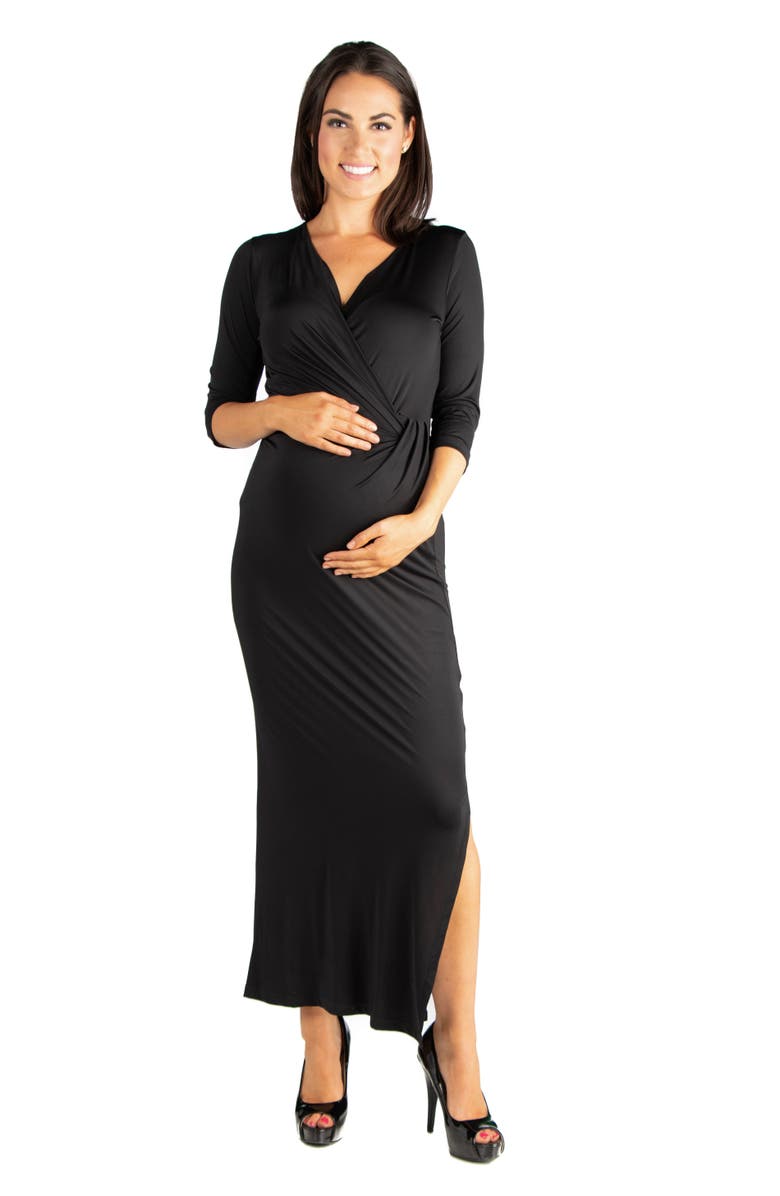 24seven Comfort Apparel Fitted V-neck Side Slit Maternity Maxi Dress, Main, color, Black