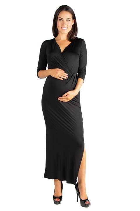 Fitted V-neck Side Slit Maternity Maxi Dress
