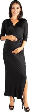 24seven Comfort Apparel Fitted V-neck Side Slit Maternity Maxi Dress