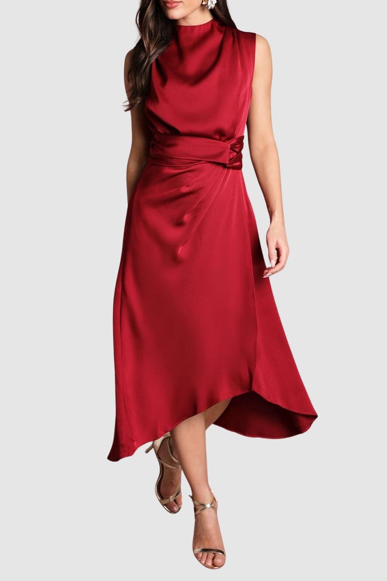 Satin Twist Waist Midi Dress, Alternate, color, Raspberry