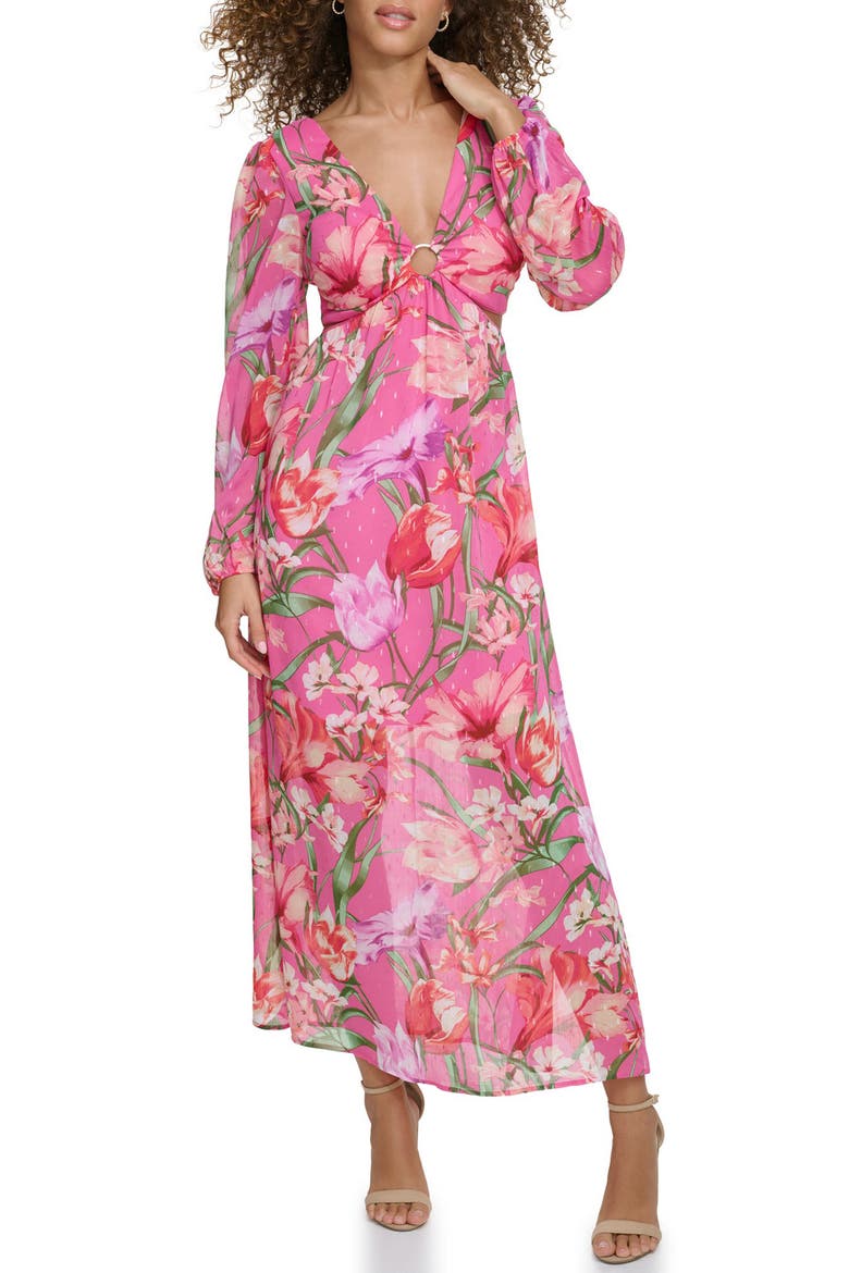 Floral Long Sleeve Clip Dot Maxi Dress, Alternate, color, PINK MULTI