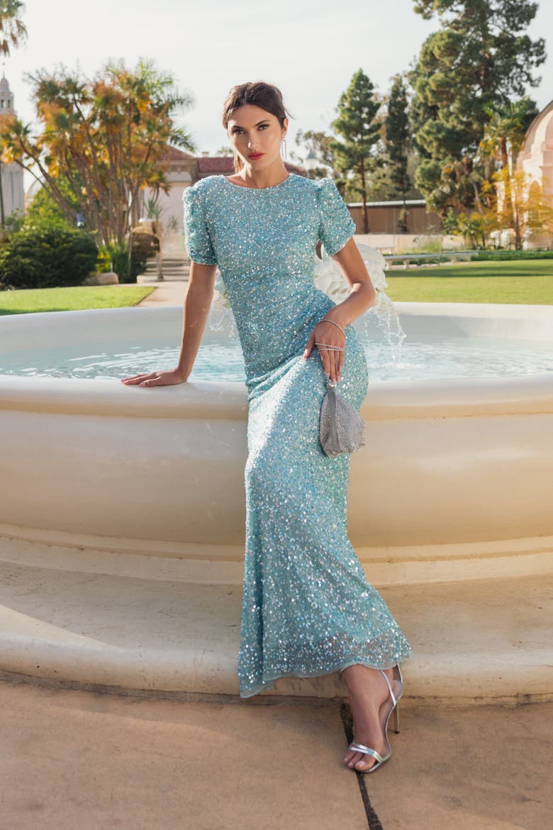 Beaded Mesh High Neck Puff Sleeve Gown, Alternate, color, Powder Blue