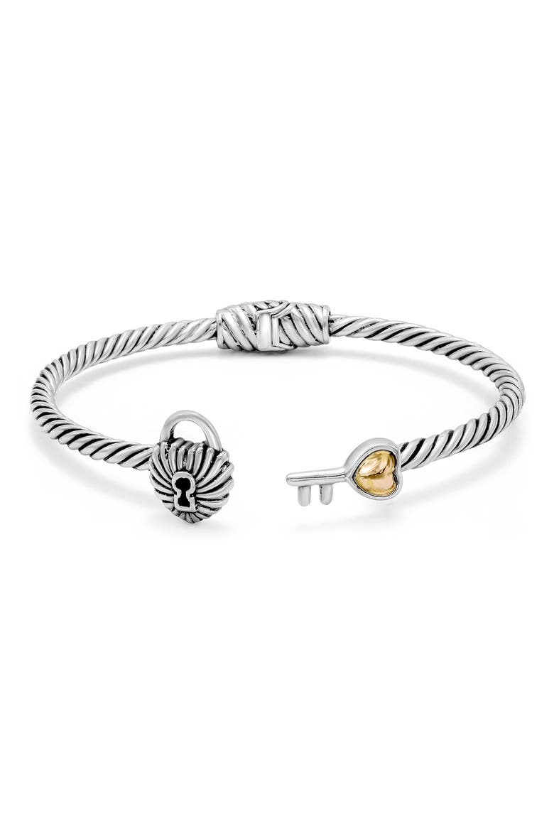 Sterling Silver & 18K Gold Lock & Key Hinge Bangle, Main, color, SILVER AND GOLD