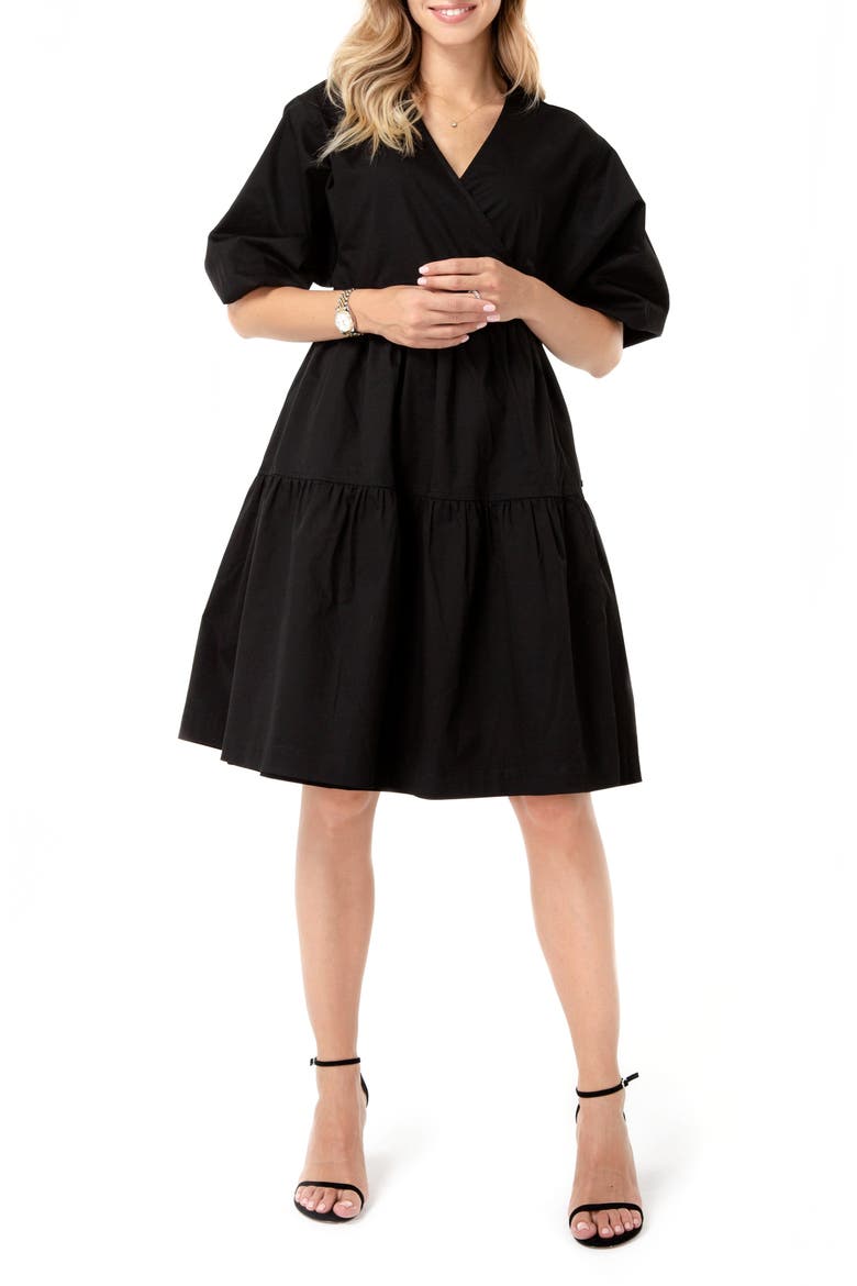 Waterfall Tie Waist A-Line Maternity/Nursing Wrap Dress, Main, color, BLACK