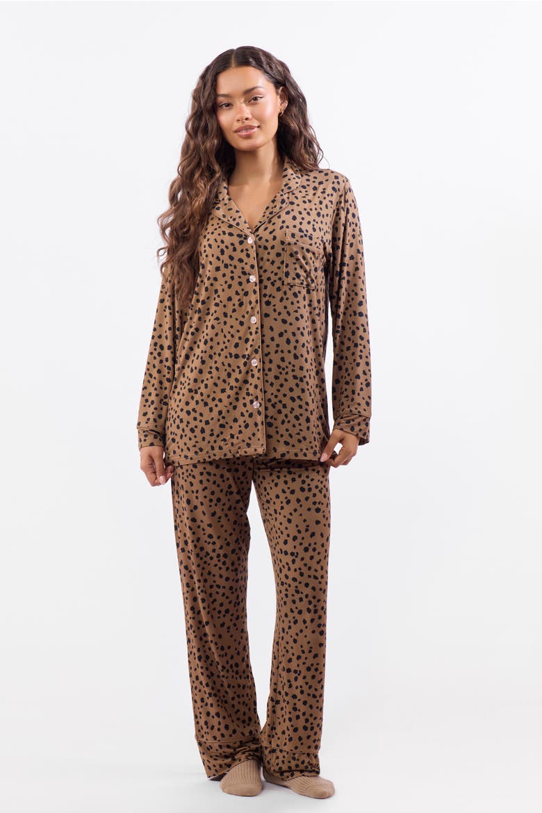 A Leopard Doesn't Change Its Spots Long Pajama Set, Main, color, Light Brown, Black
