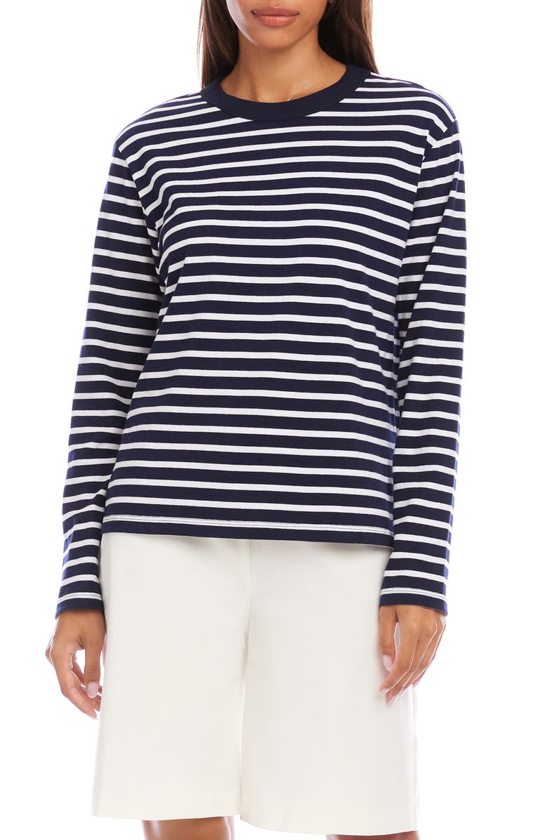 Karen Kane Stripe Crewneck Long Sleeve Cotton Top, Main, color, Navy/White
