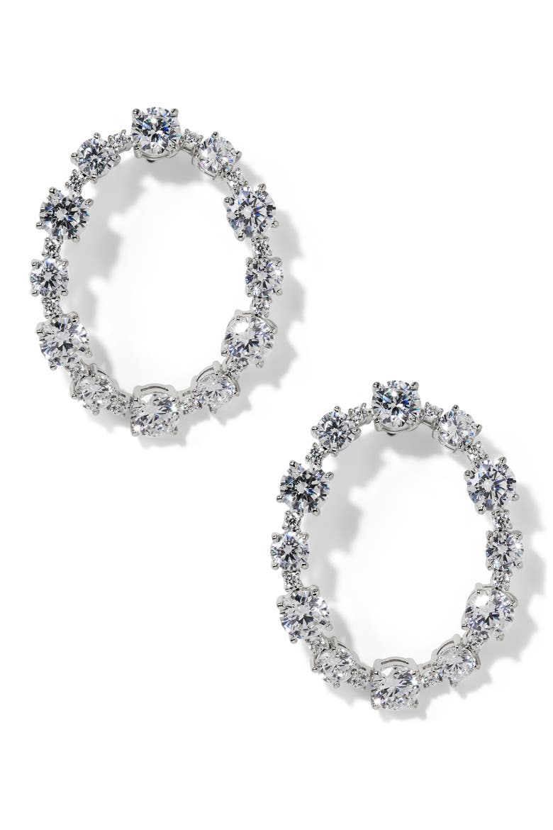 Everleigh Cubic Zirconia Open Hoop Earrings, Main, color, RHODIUM