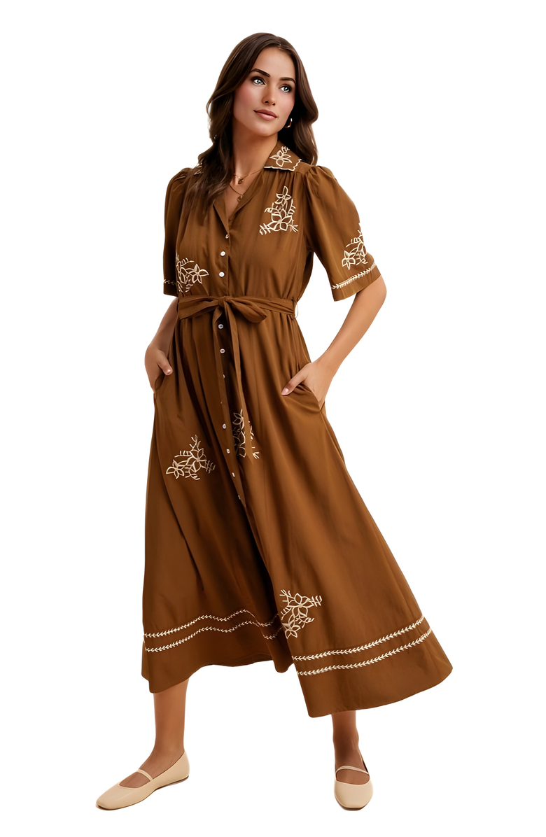 Knit and Lounge Button-Down Maxi Dress with Embroidery and Waist Tie, Alternate, color, Brown